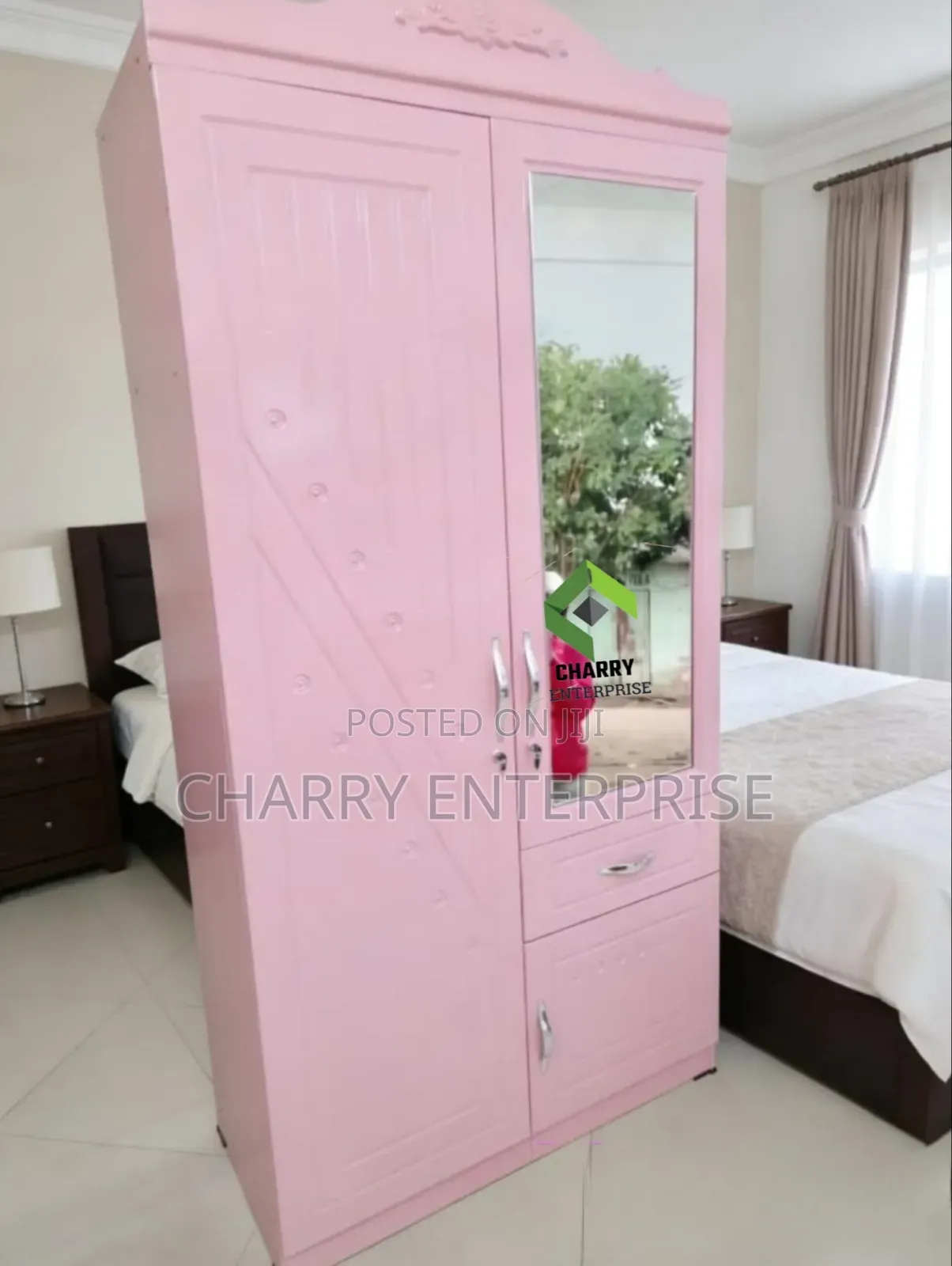 Classic Pink Wooden Wardrobe 2doors Kabati Zuri La Nguo Lenye Kioo
