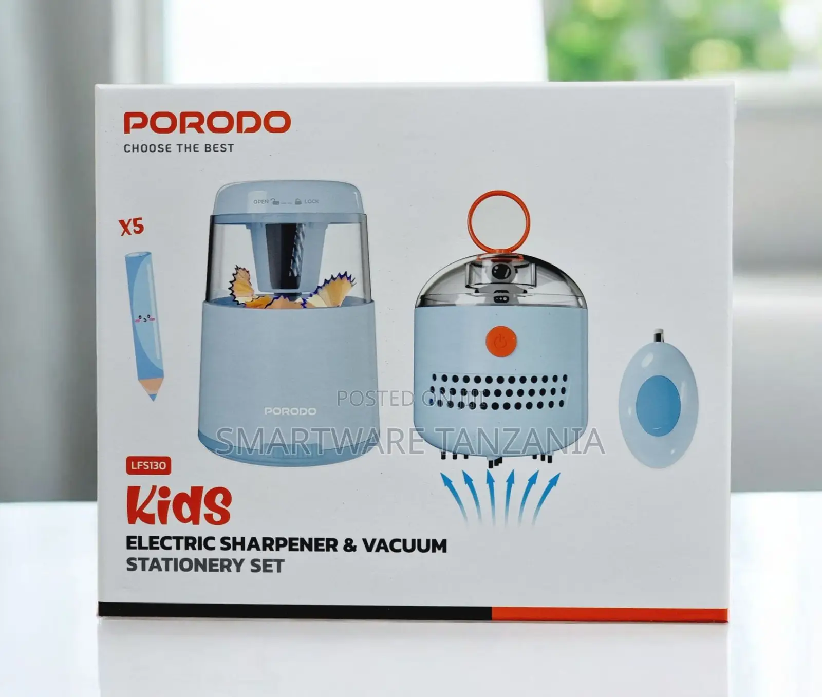Porodo Kids Electric Sharpener Lfs130 - Vacuum, 5 Pencils, Blue