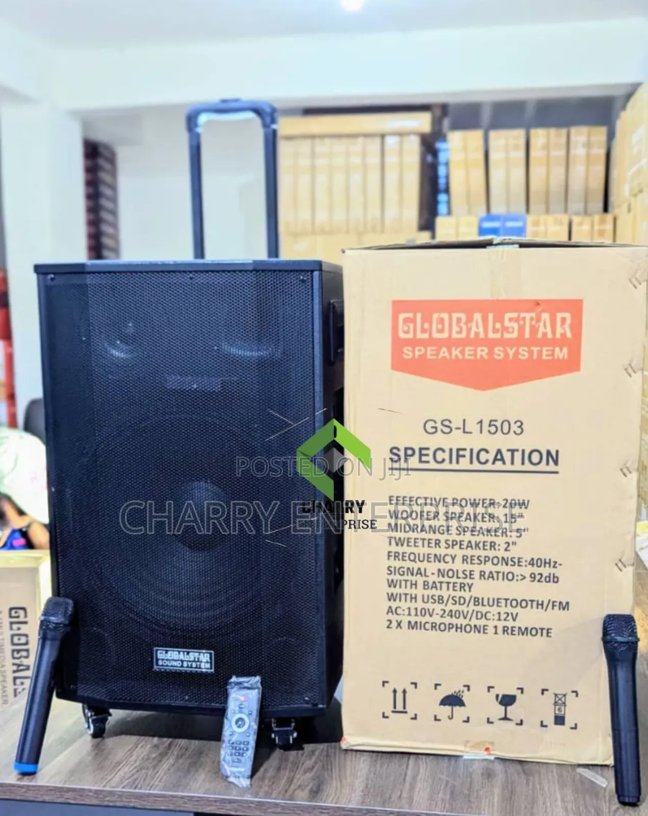 Global Star Rechargeable Speaker 15" With 2 Mic Kwa Matangazo N.K
