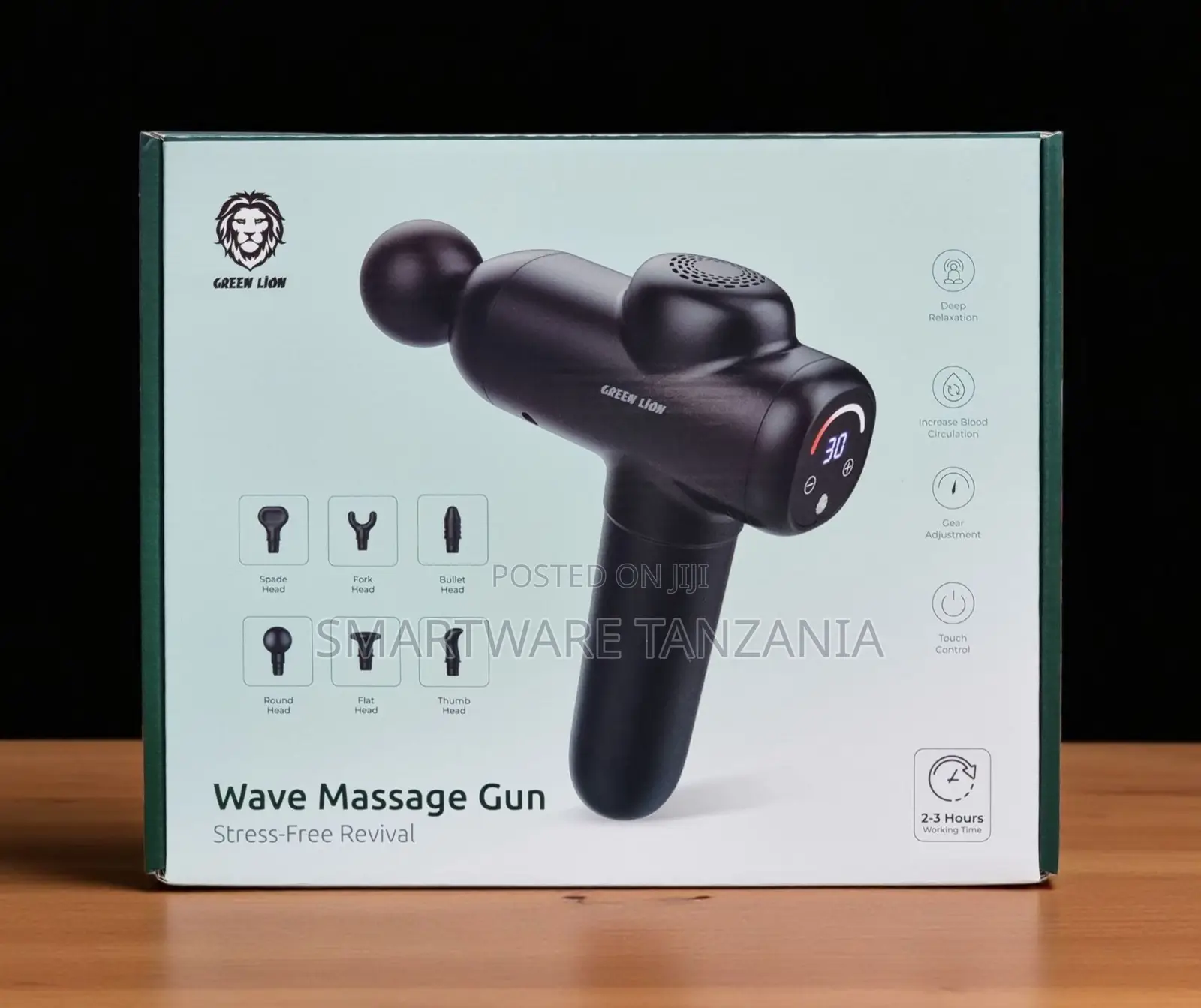 Green Lion Wave Massage Gun 6 Heads Touch Control 2-3hr Deep Tissue