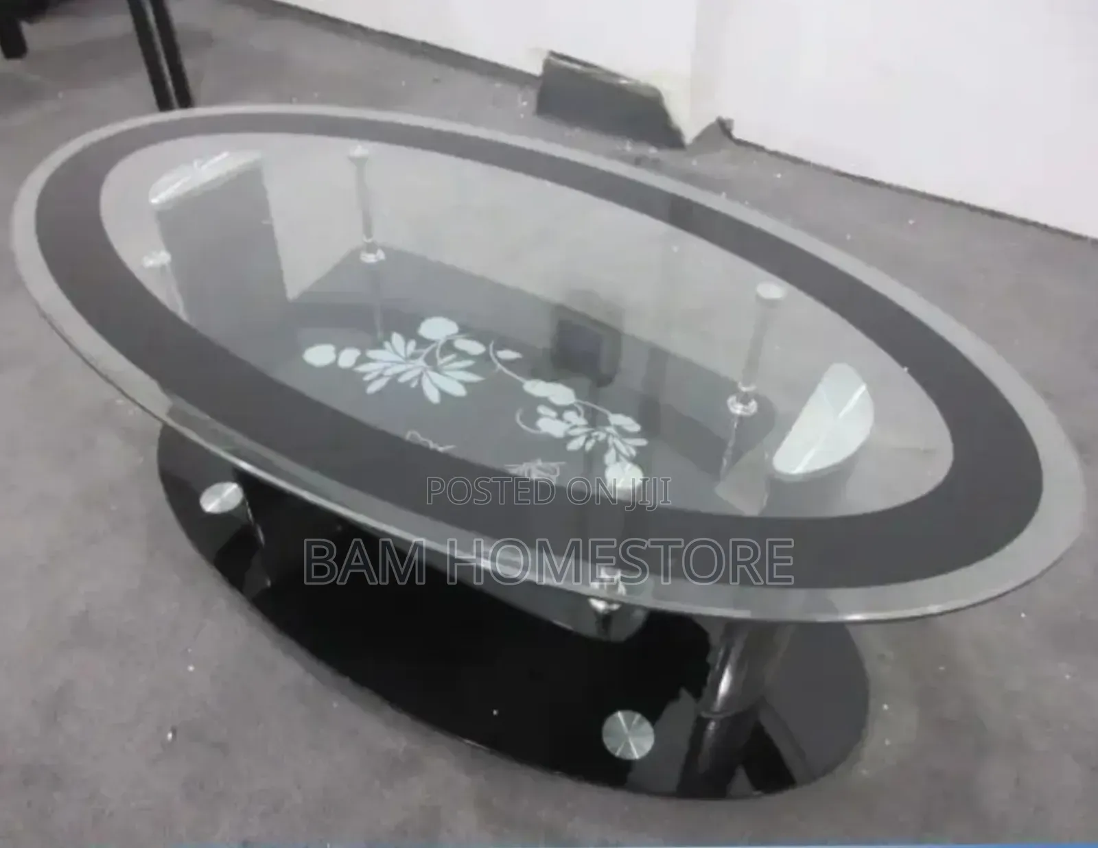 Luxury Oval Glass Coffee Table With Floral Design and Gold/Chrome Legs