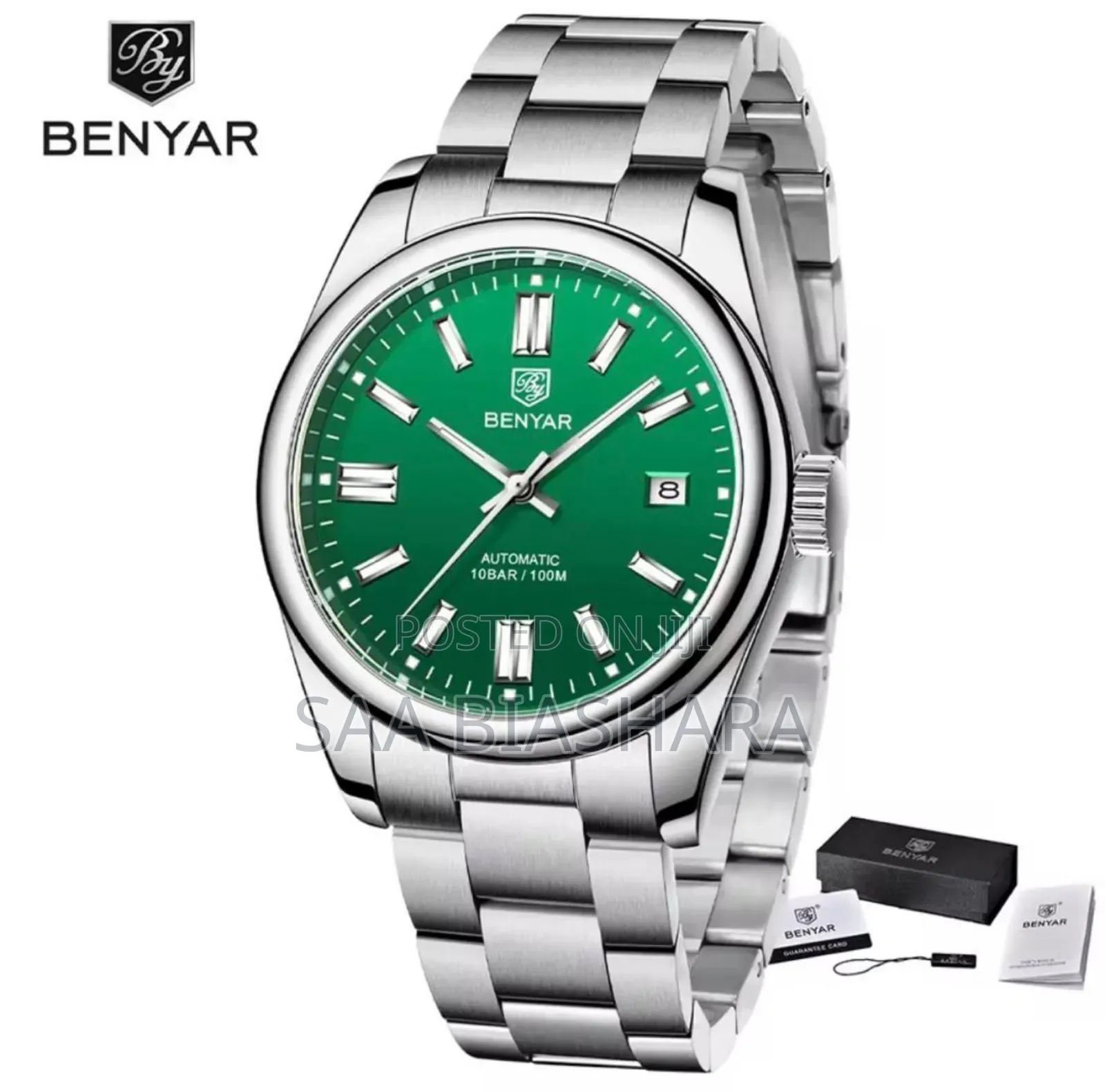 Benyar Classic Mechanical Watch Silver and Green Water Resistant