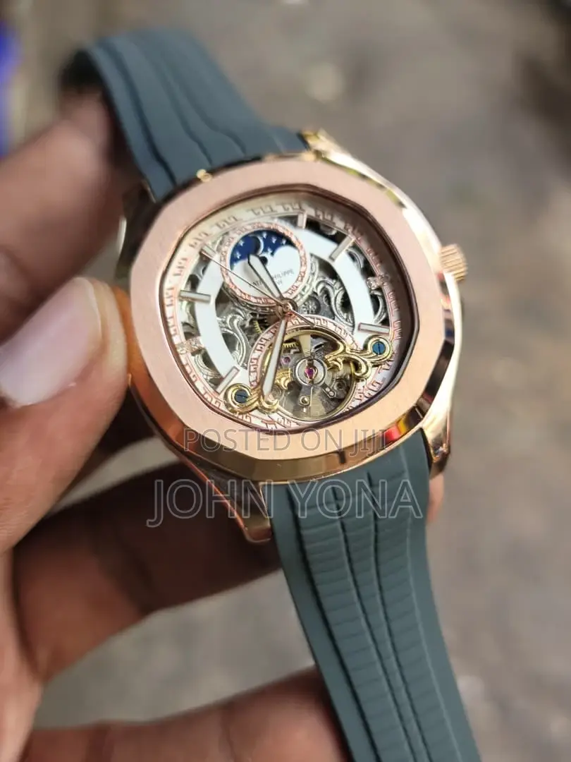 Patek Philippe Timepiece Featuring a Skeleton Dial and a Rubber Strap