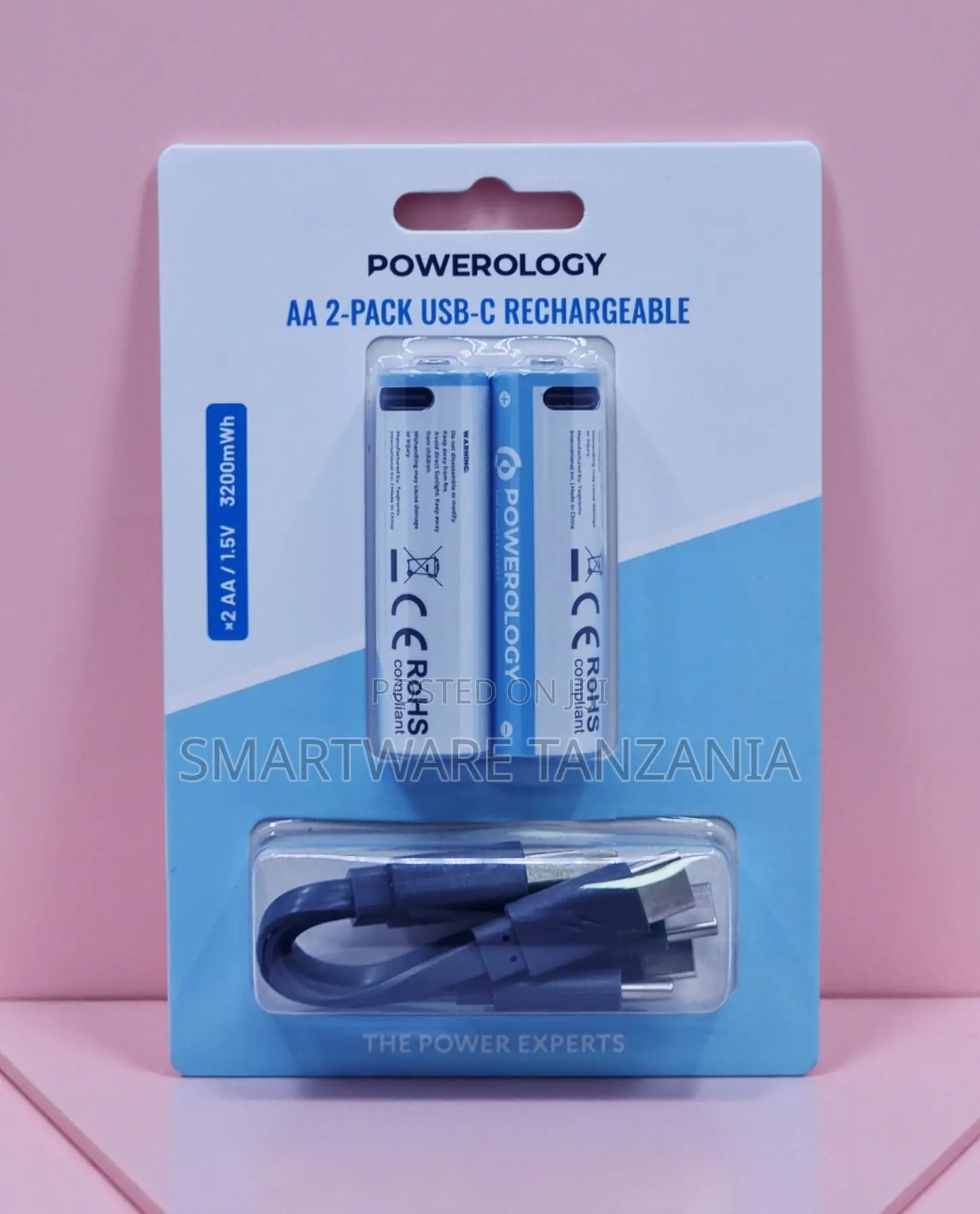 Powerology Aa 2-Pack Usb-C Rechargeable Battery 3200mwh 1.5v