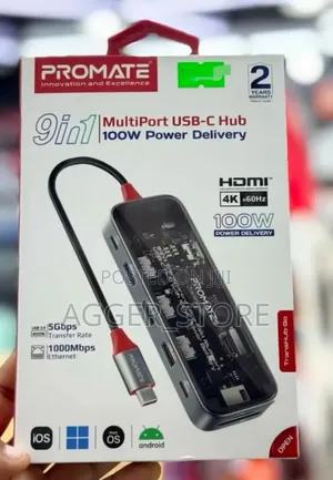 Promate 9 in 1 Multiport Usb-C Hub(5gbps Transfer, 1000mbps Ethernet)