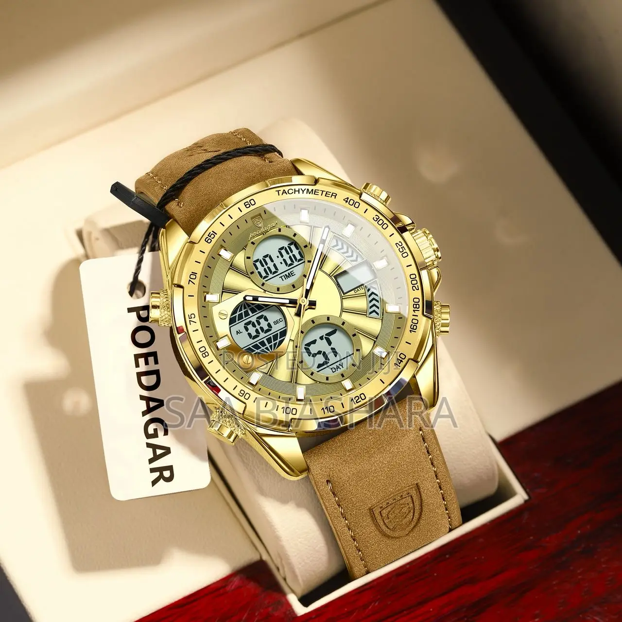 Poedagar E108 Dual Display Multifunction Watch Brown and Gold
