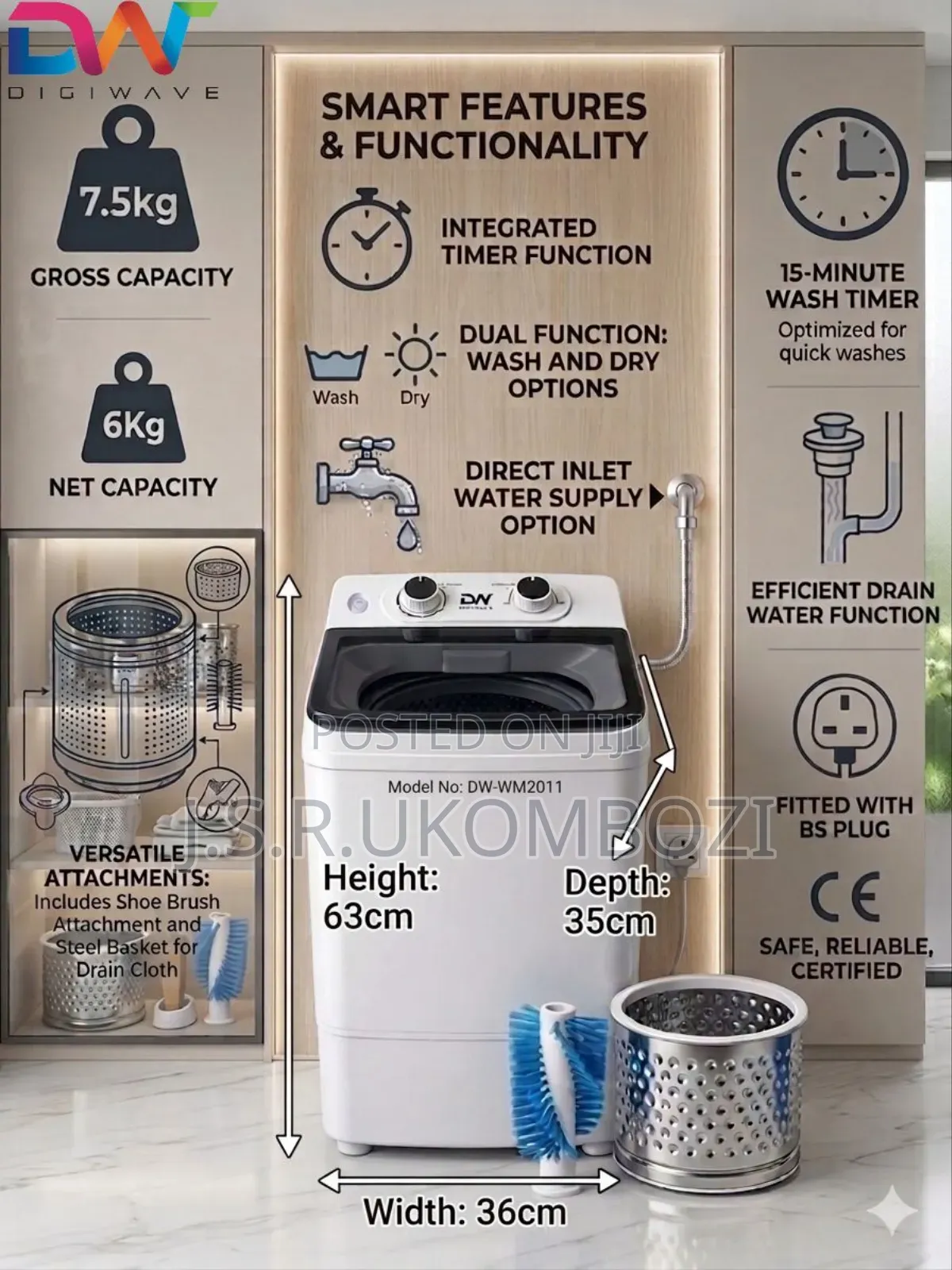 *Digiwave Washing Machine 6kg Wash Capacity With Shoe Brush