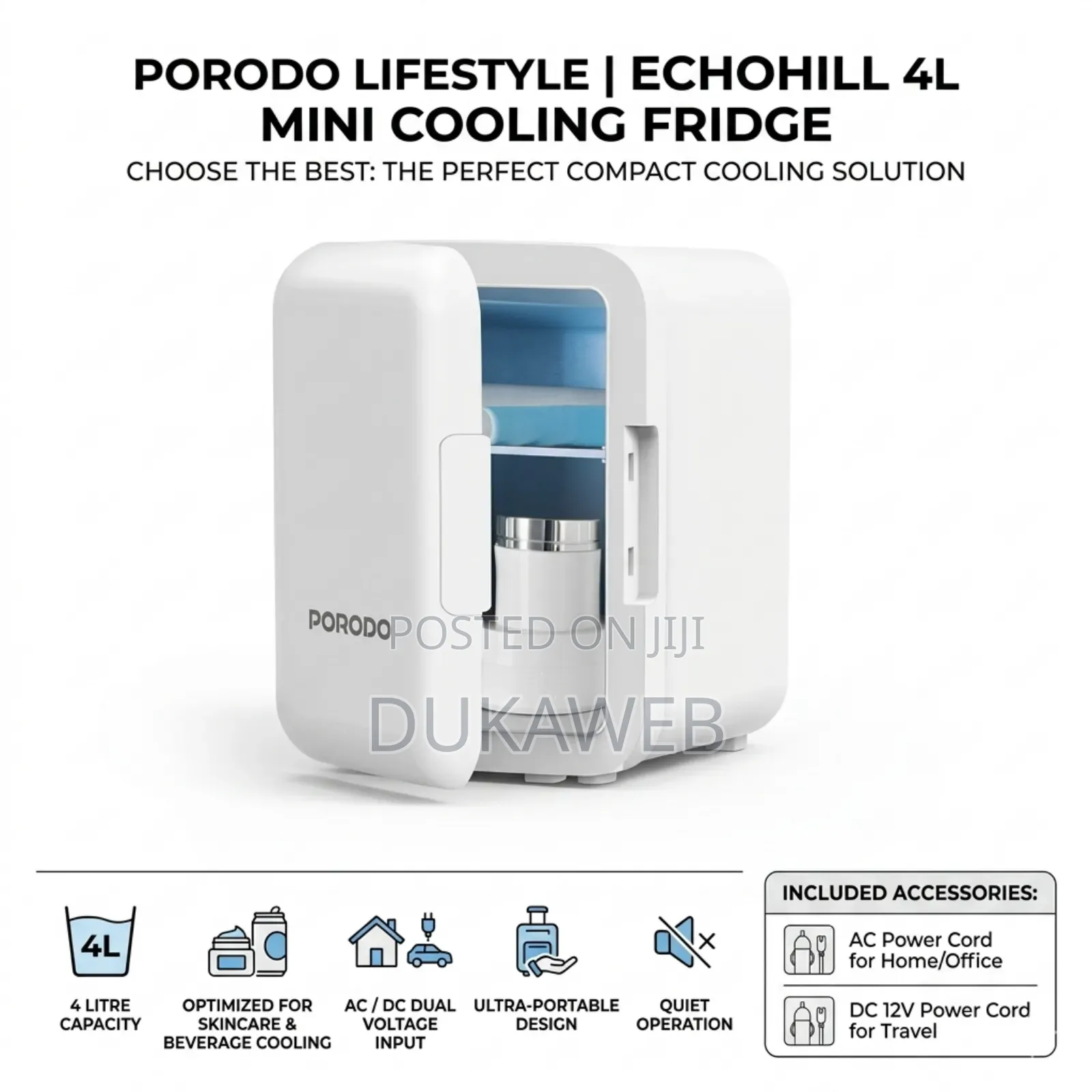 Porodo Echochill 4l Mini Cooling Fridge – Ac/Dc Dual Power –