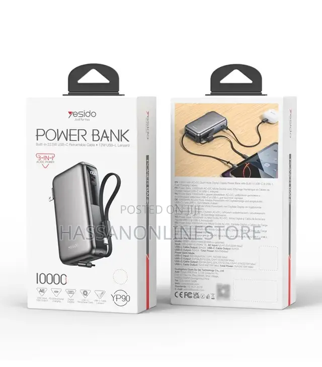 Yesido Yp90 10000mah 22.5w With Retractable Cable