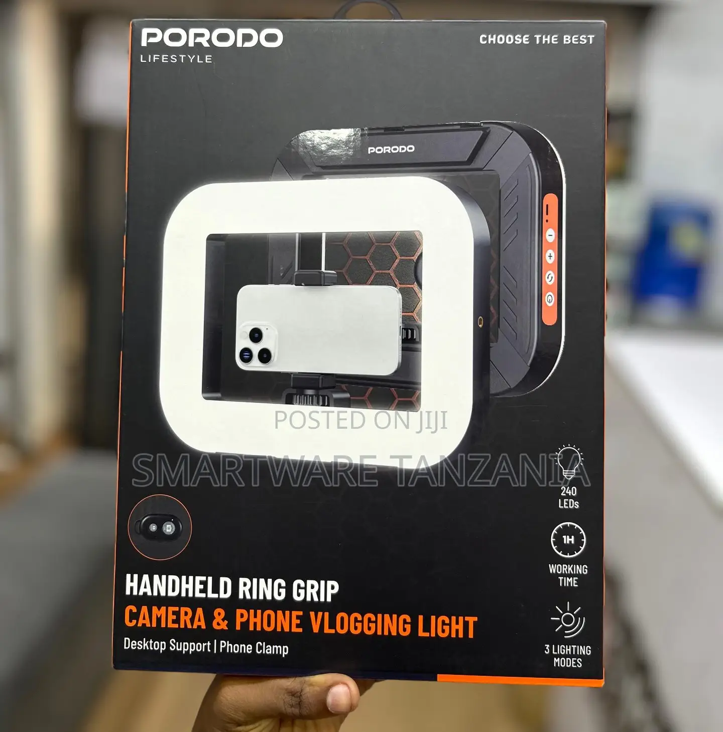 Porodo Handheld Ring Grip Camera Phone Vlogging Light 240 Leds 3 Modes
