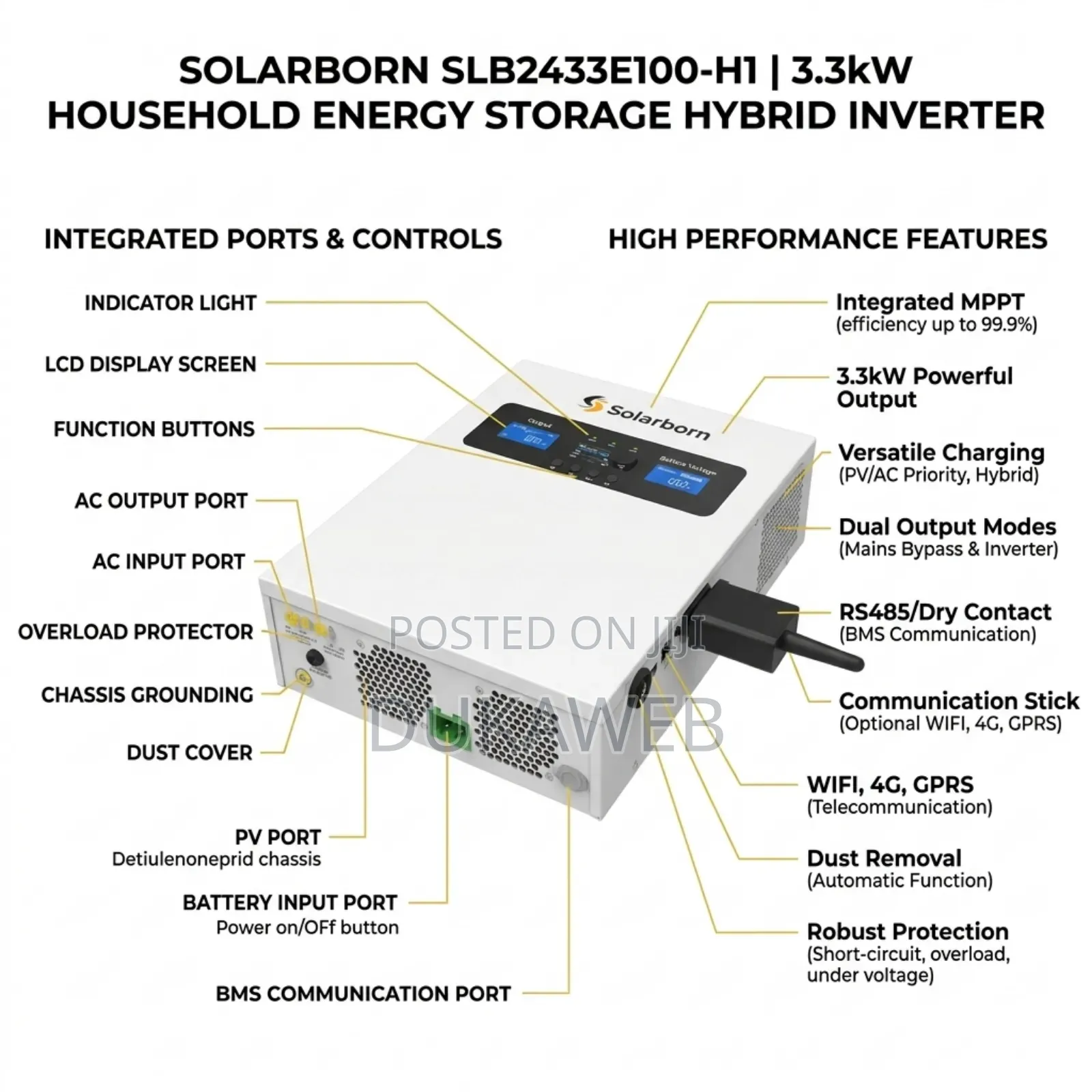 Solarborn Slb2433e100-H1 – 3.3kw Hybrid Inverter – On/Off Grid