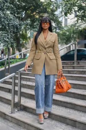 Single Button Blazer With Belt Fot Women