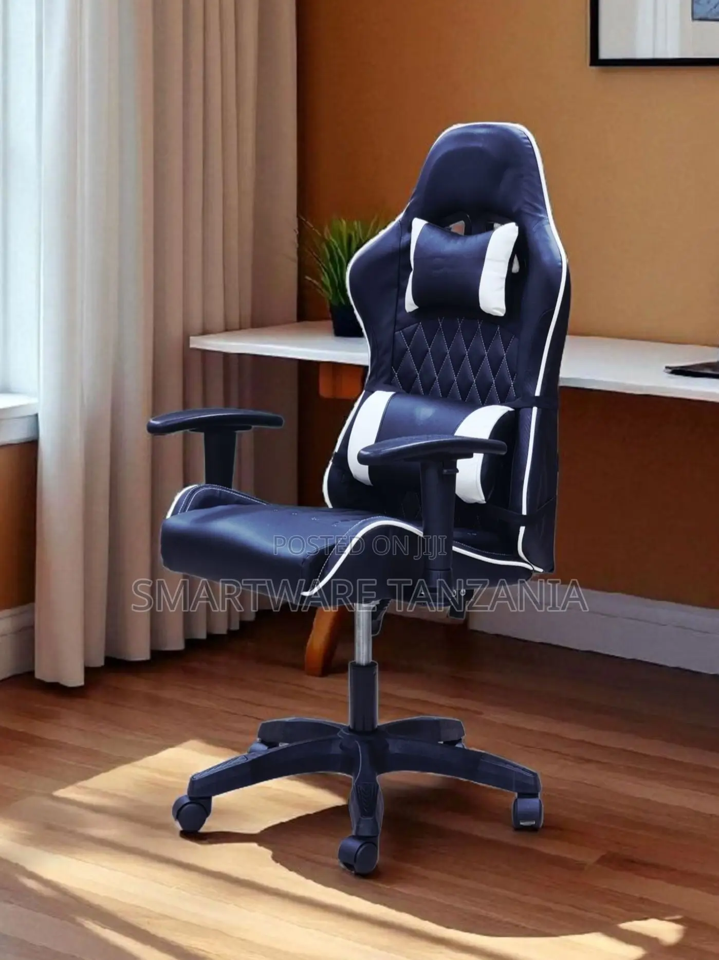 Gaming Chair High Back Navy Blue White Lumbar Neck Cushion