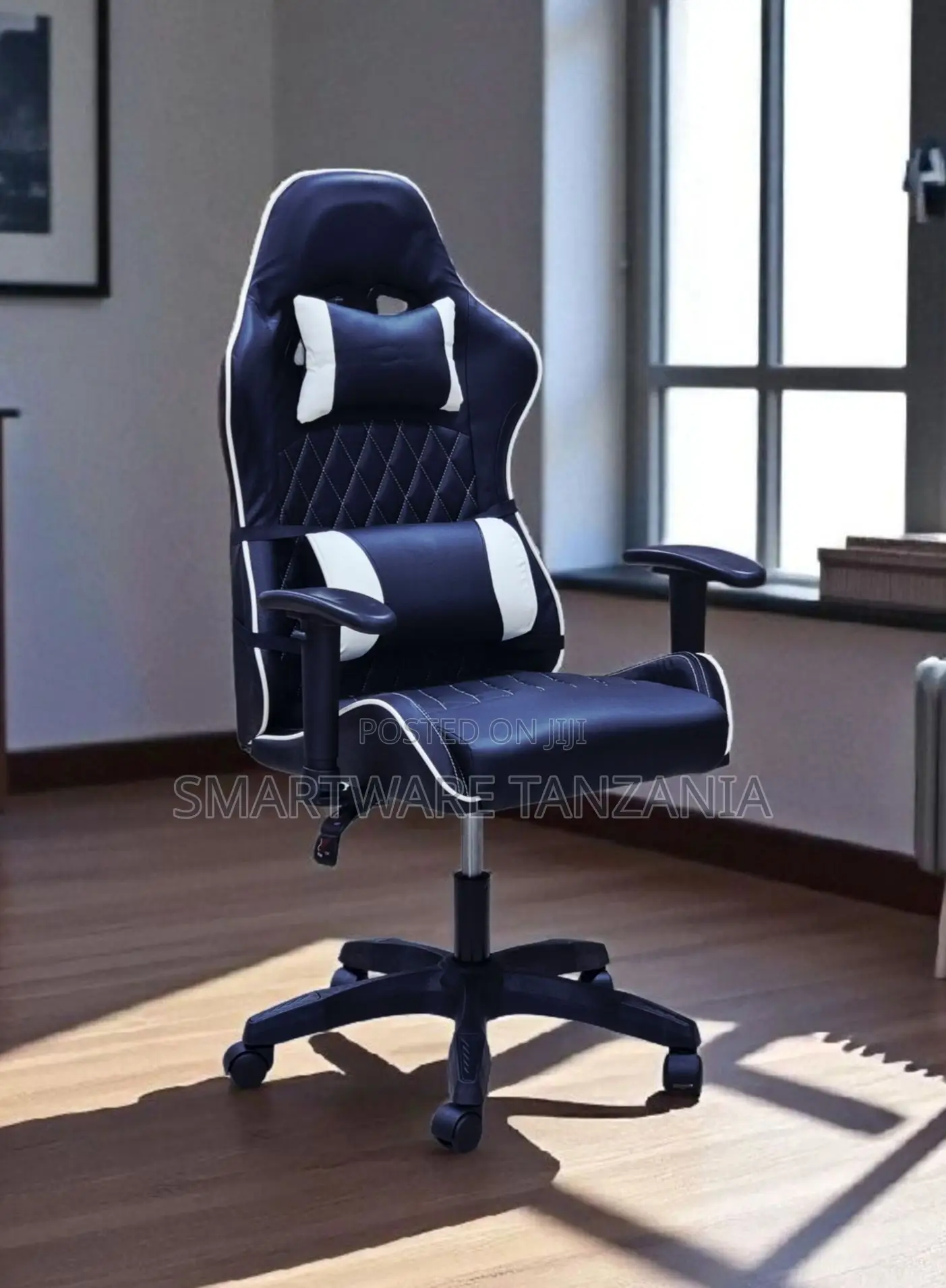 Ergonomic Gaming Chair Navy Blue White Pu Leather Recliner