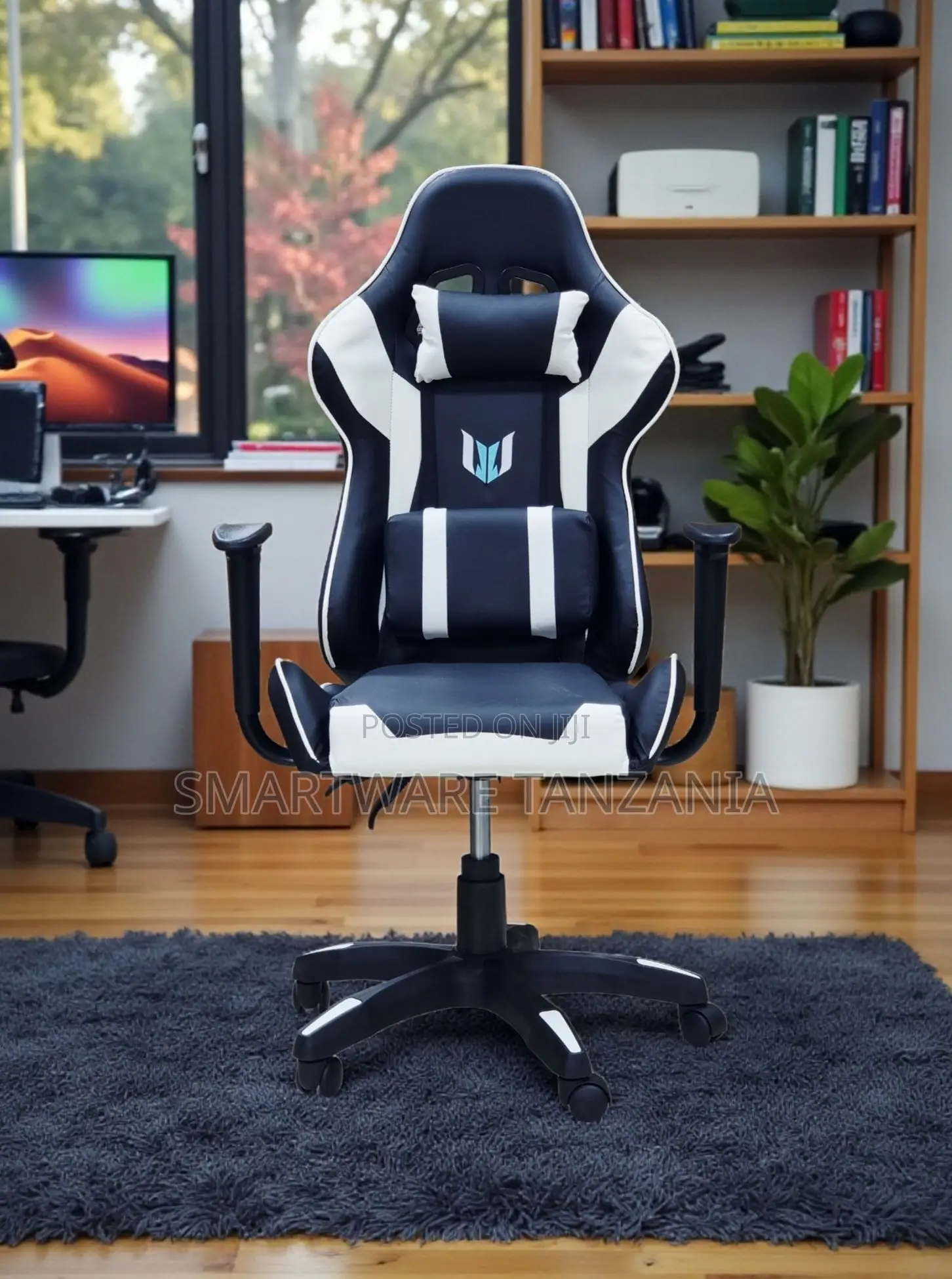 Racing Gaming Chair Black White Lumbar Neck High Back Swivel