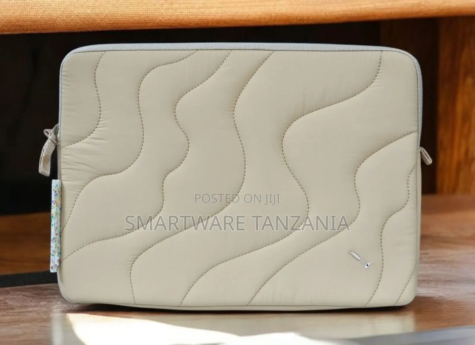 Quilted Laptop Sleeve Beige Wave Pattern 13 14 Inch Padded Bag