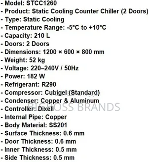 Counter 210 Liters Fridge 2 Stainless Steel Doors
