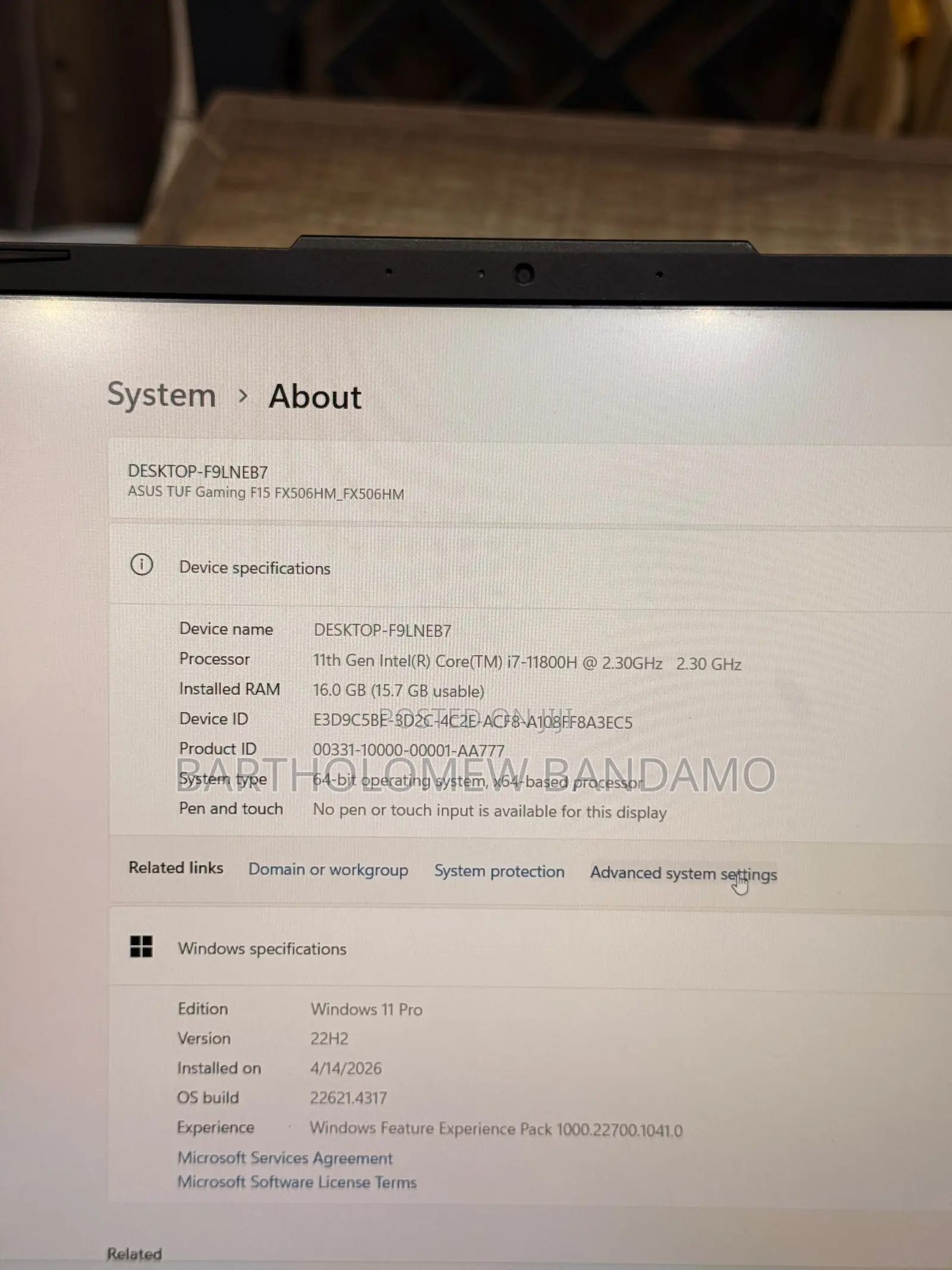 Laptop Asus TUF Gaming F16 16GB Intel Core i7 SSD 512GB