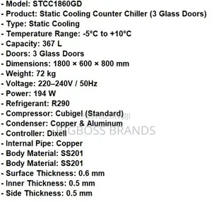 Counter 367 Liters Fridge 3 Glass Doors Stcc1860gd Counter Chiller