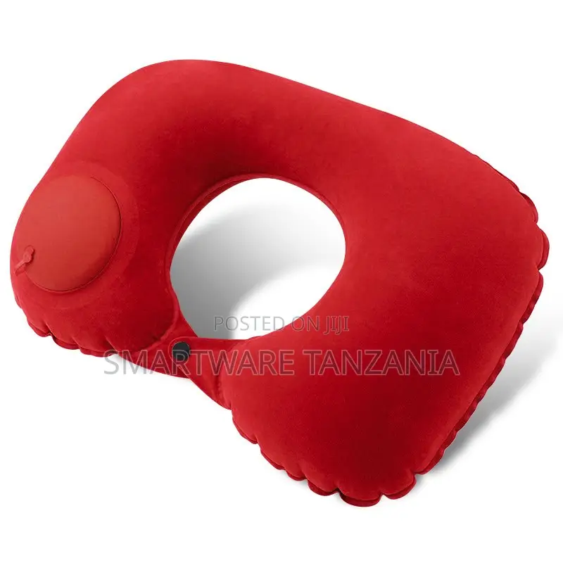 Red Inflatable Travel Neck Pillow With Easy Press Pump
