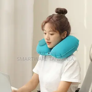 Teal Self-Inflating Neck Pillow for Office and Travel Use