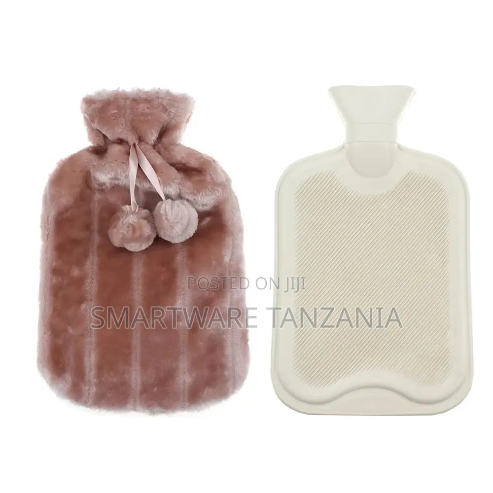 Dusty Pink Faux Fur Hot Water Bottle Set With Pom-poms