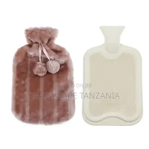 Dusty Pink Faux Fur Hot Water Bottle Set With Pom-poms