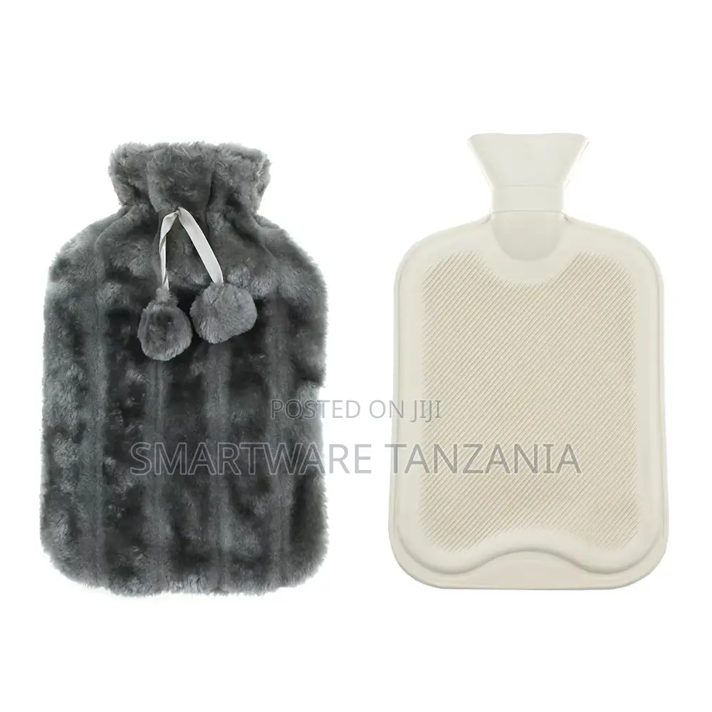 Marbled Grey Faux Fur Hot Water Bottle With Pom-Poms