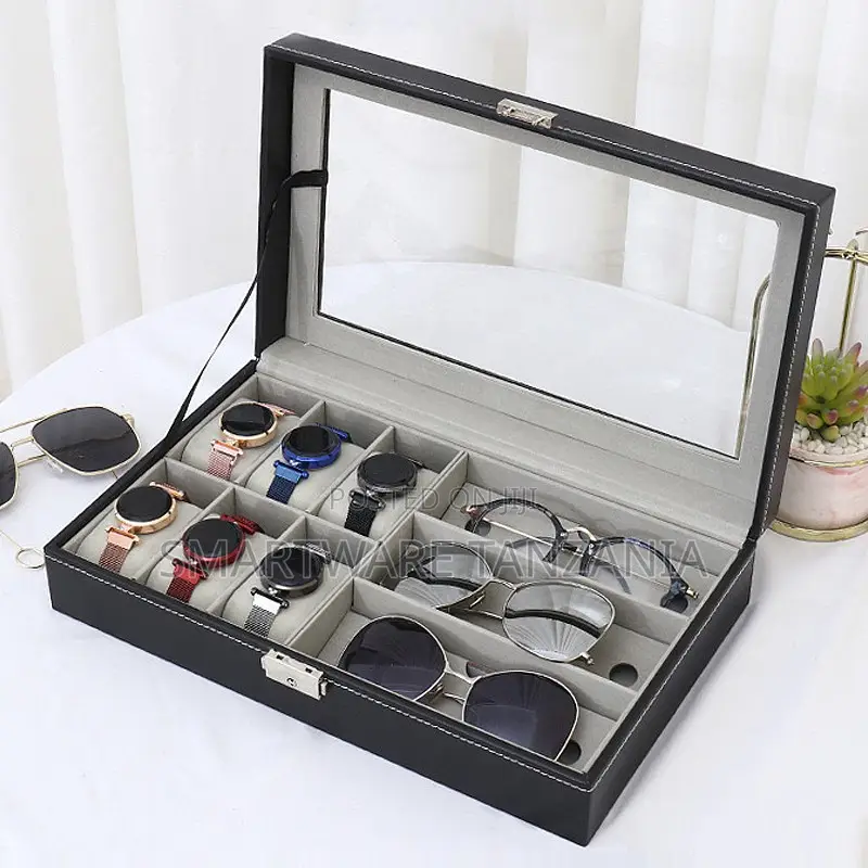 Watch and Glasses Storage Box Pu Leather Clear Lid Black