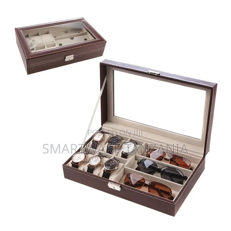 Brown Pu Leather Watch and Glasses Organizer Box Velvet