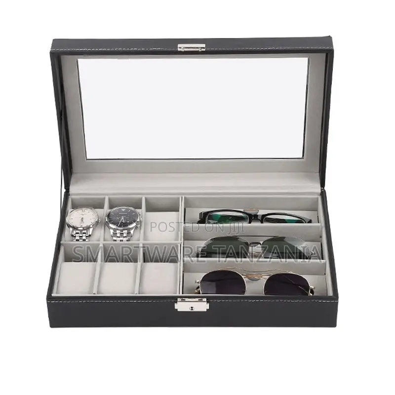 Black Leather Watch Sunglasses Combo Organizer Box Large