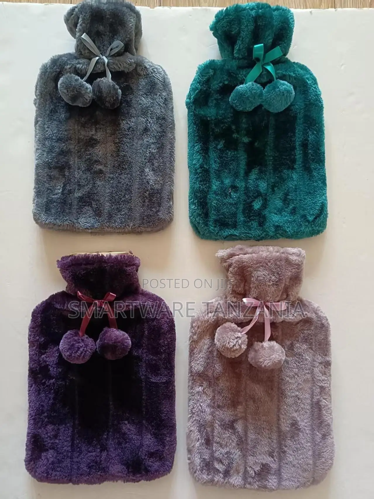 Fluffy Hot Water Bottle With Plush Cover Pom Pom 4 Colors