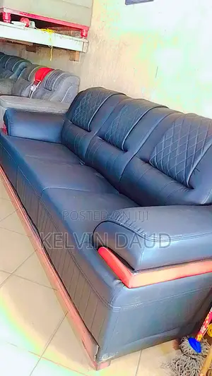 A Set With Dark Blue Leather Sofa With Red Accents