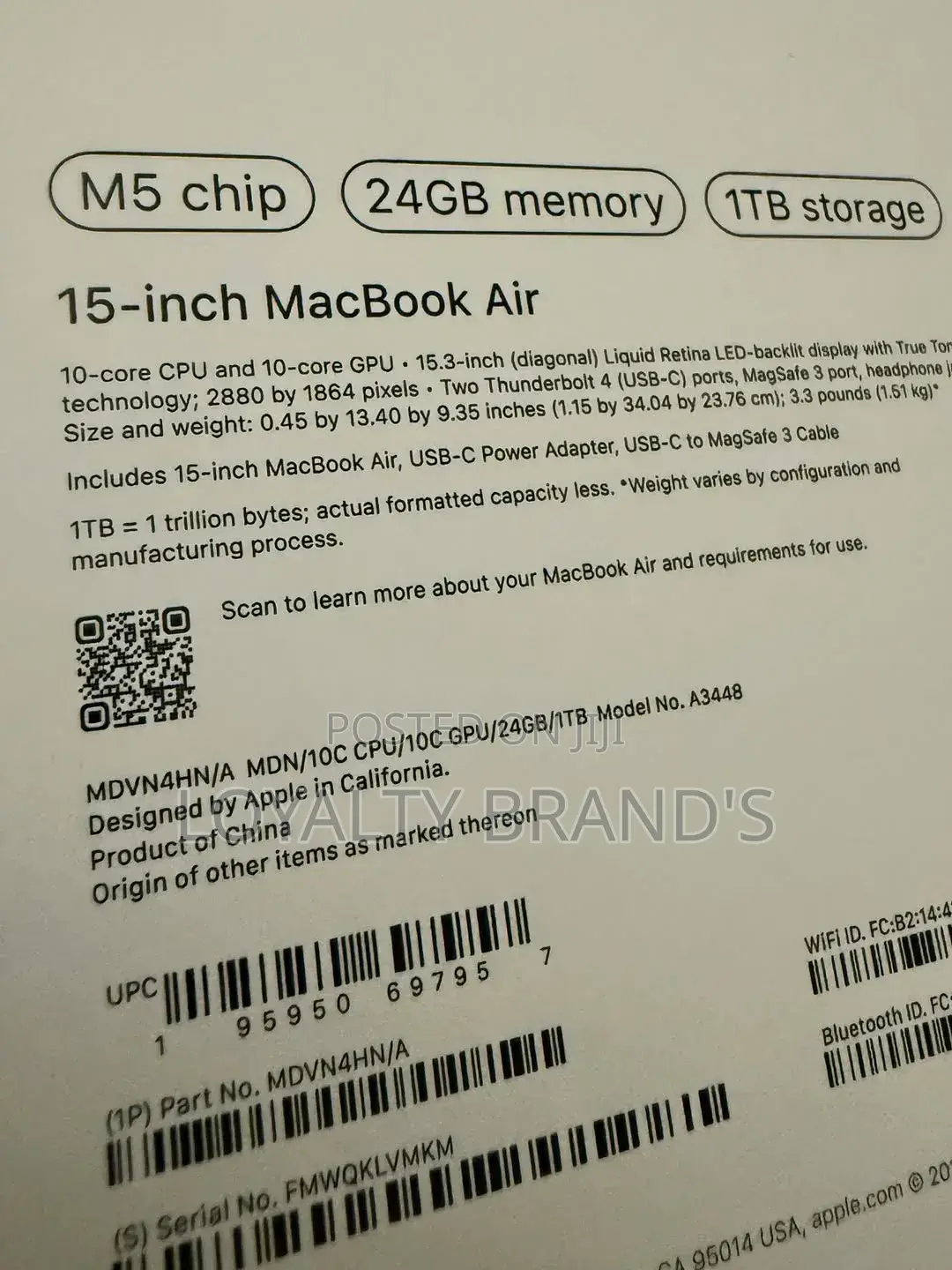 New Laptop Apple MacBook Air 2026 M5 13-inch 24GB Apple M5 SSD 1T