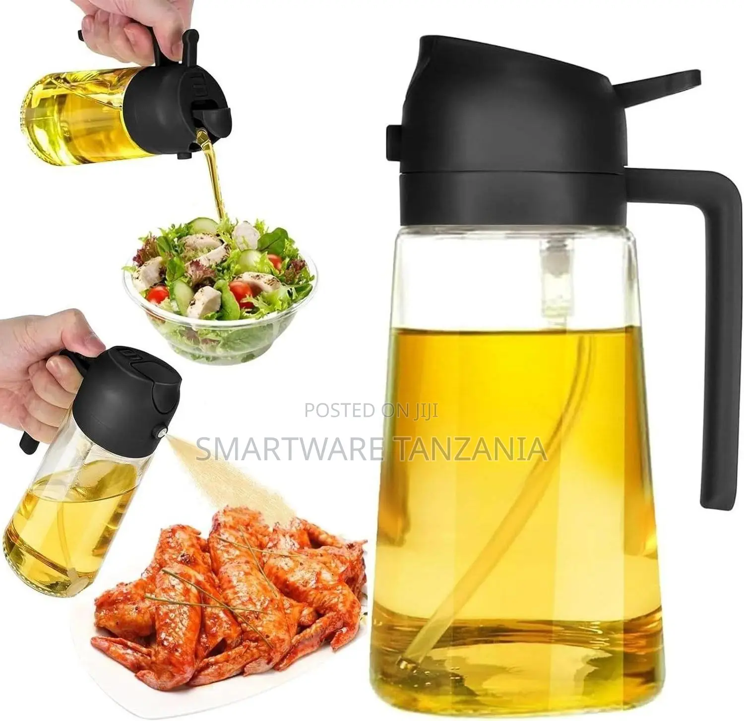 Black Glass Oil Bottle With Pour Spout And Spray Nozzle
