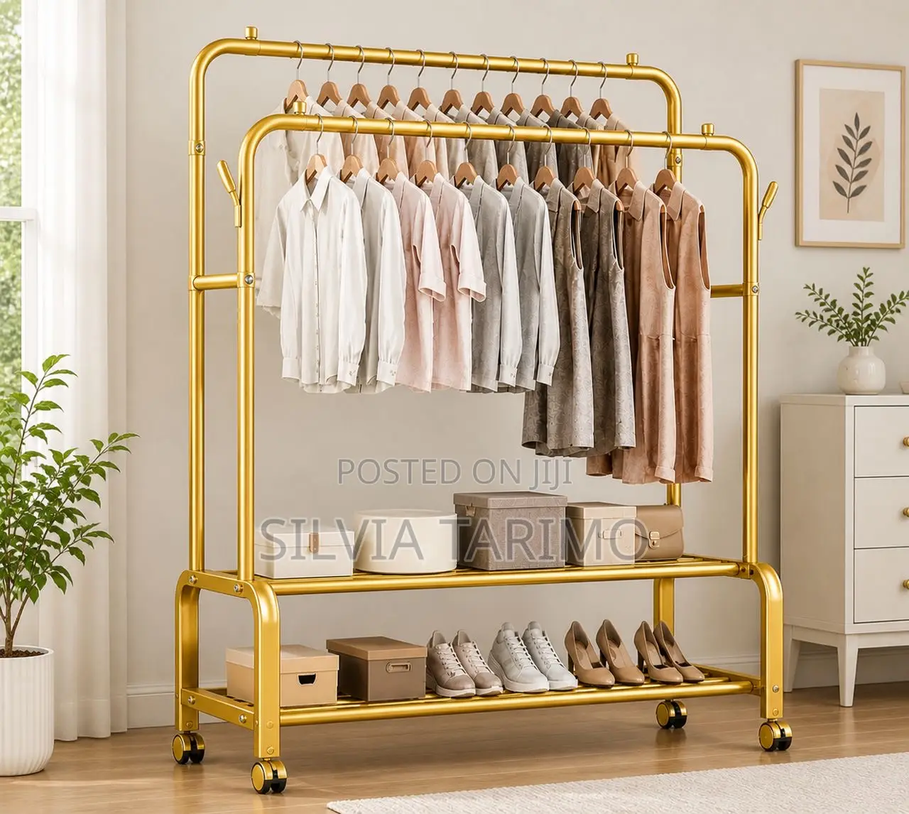 Premium Double-rail Clothes Rack With Shelves Wheels