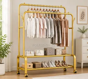 Premium Double-rail Clothes Rack With Shelves Wheels