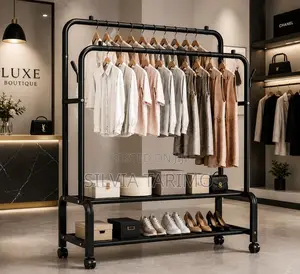Premium Double-rail Clothes Rack With Shelves Wheels