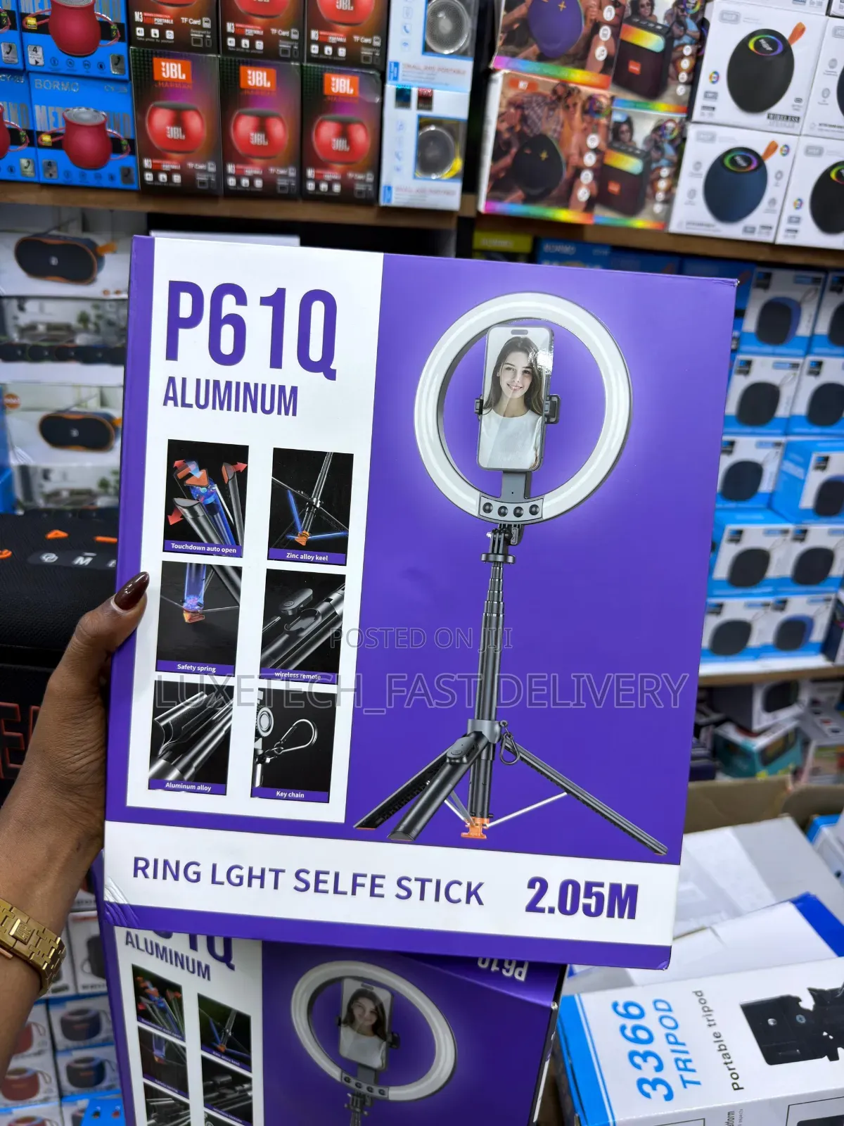 P61q 3-in-1 Rechargeable Aluminum Ring Light Selfie Stick