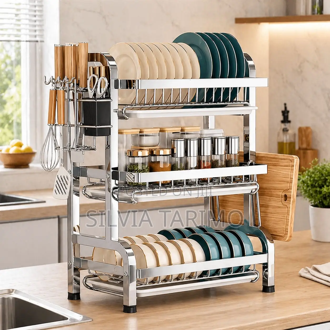 3-tier Stainless Steel Dish Rack With Utensil Holder Drain Tray