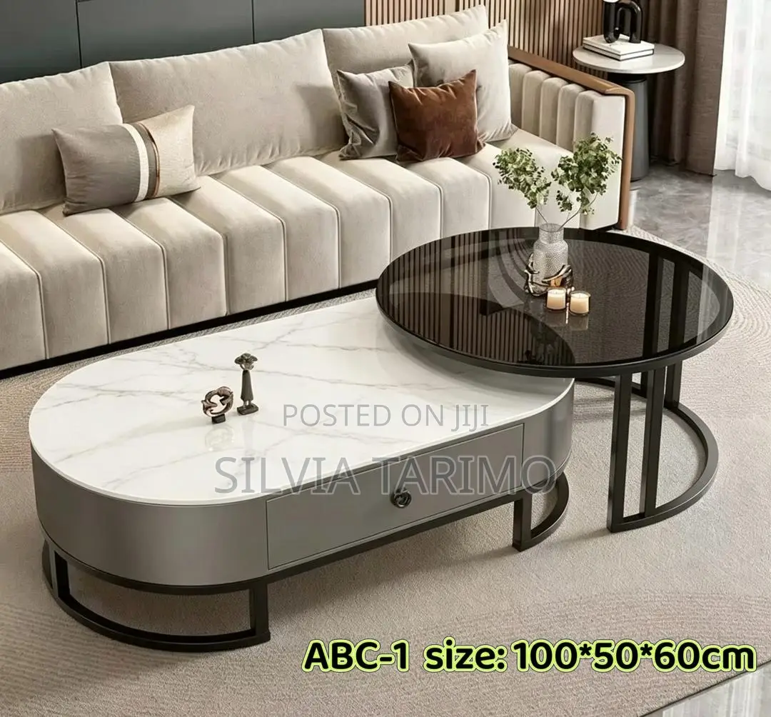 Modern 2-in-1 Marble Coffee Table Set With Drawer (100×50×60cm)