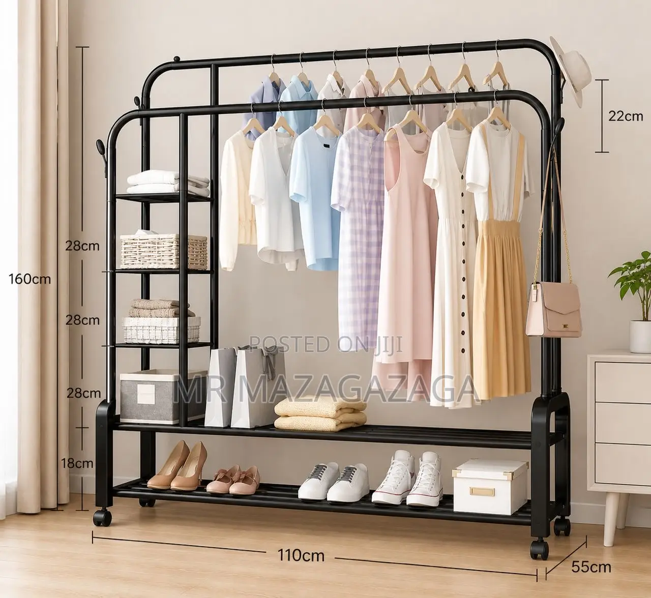 Heavy Duty Double Pole Clothes Hanger With Shelves 68kg