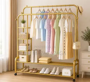 Heavy Duty Double Pole Clothes Hanger With Shelves 68kg