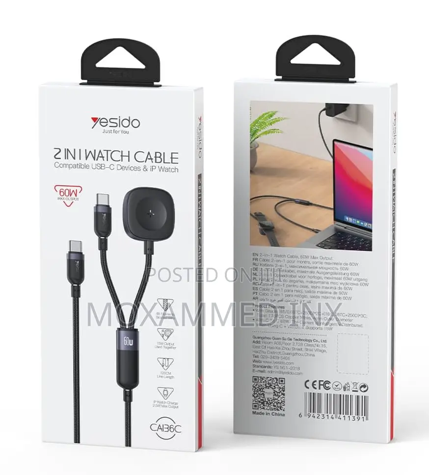 Ca136c Yesido 2in1 Watch Cable for Apple 60watts C2c and 2.5watts