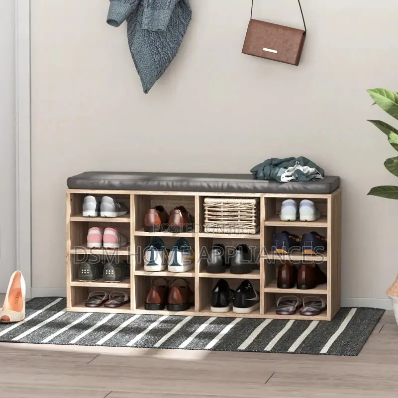 Shelf Shoe Storage Unit, With Cushion Top - Wood-Effect