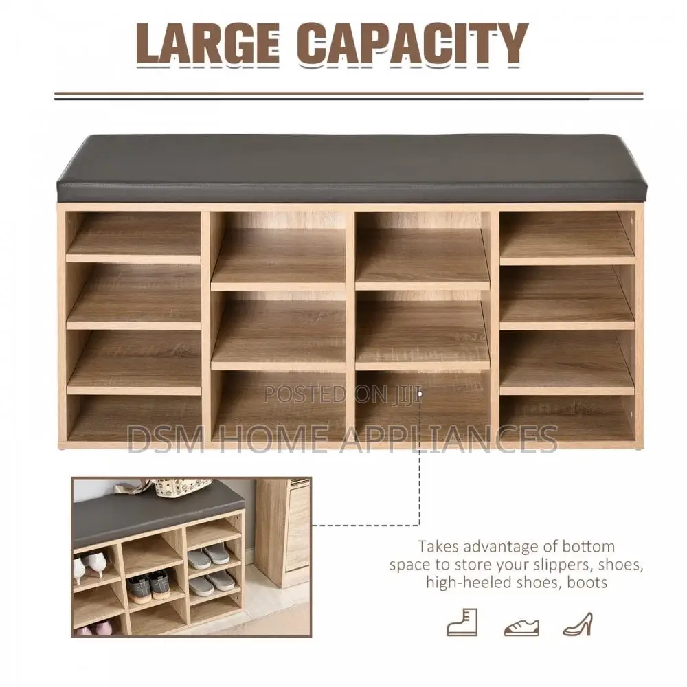 Shelf Shoe Storage Unit, With Cushion Top - Wood-Effect