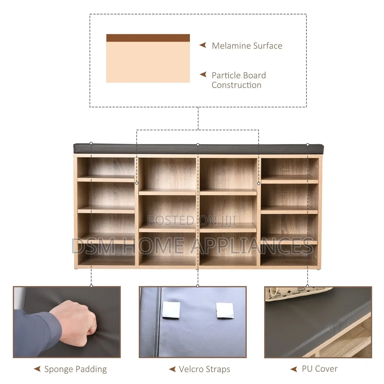 Shelf Shoe Storage Unit, With Cushion Top - Wood-Effect