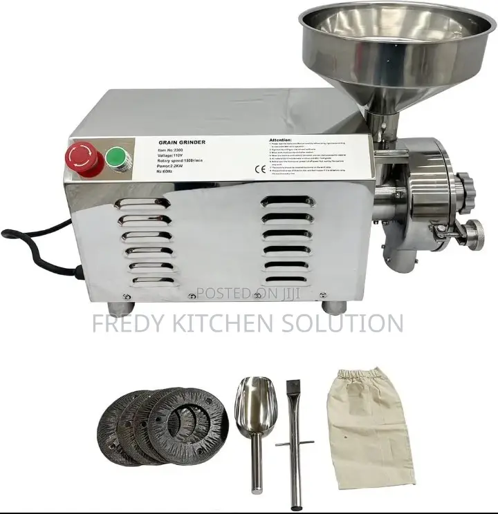 Commercial Stainless Steel Grain Grinder Machine, Likely Used for Indu