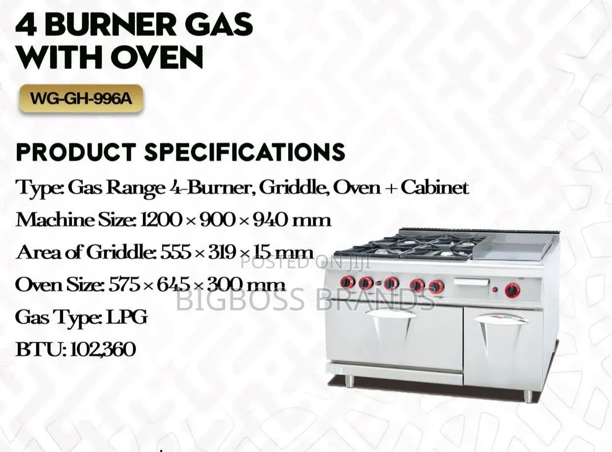 Jiko La Gesi 4 Burners Range Cooker Yenye Griddle Oven Cabinet