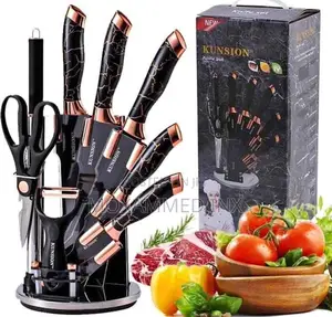 Kunsion 9-Piece Marble-Textured Kitchen Knife Setwith a Rotati